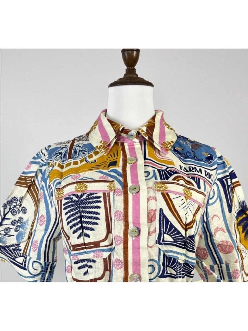 FARM Rio Multicolor Printed Belted Shirt Mini Dress - Blue, Pink, White, Gold - Picture 7 of 15